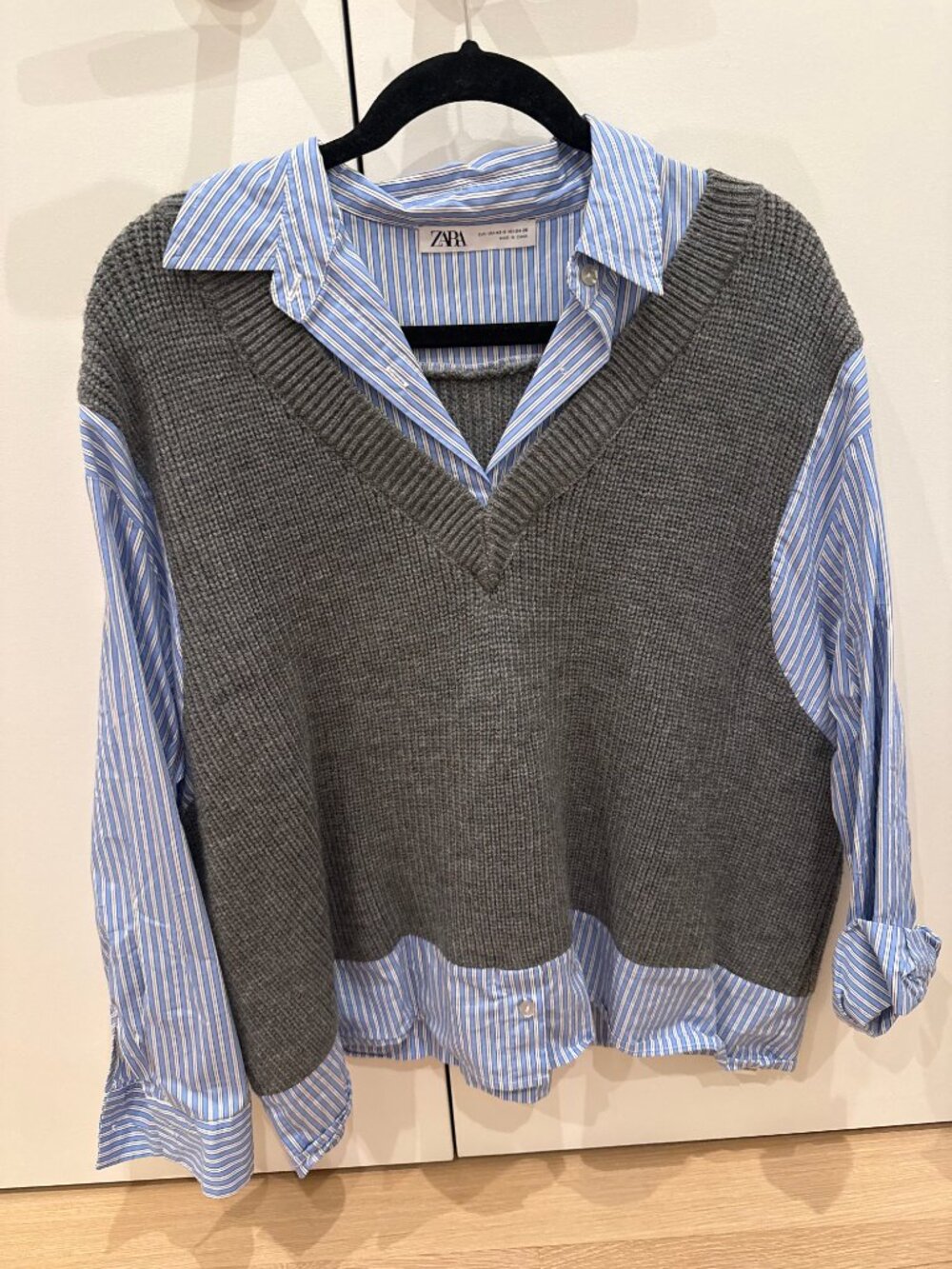 Zara Knit Vest Striped Shirt Layered Top Blue Grey XS-S